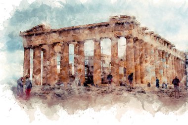 Parthenon, Akropolis 'teki bulutlu gökyüzünün arka planına karşı. Atina, Yunanistan
