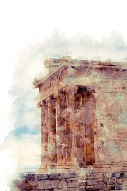 Atina Akropolü 'ndeki bulutlu gökyüzünün arka planına karşı Nicky Ateros Tapınağı