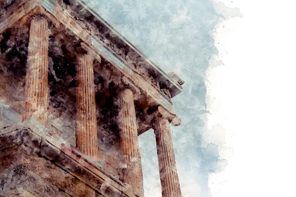 Tempio di Nicky Ateros sullo sfondo di un cielo nuvoloso ad Atene Acropoli Foto Stock