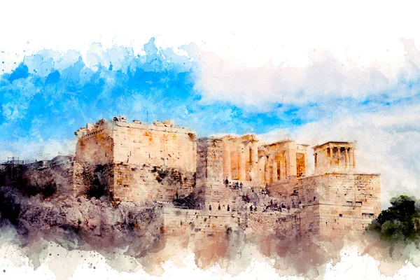 Aquarellzeichnung. Blick auf die Akropolis in Athen, Griechenland — Stockfoto