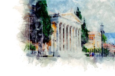 Suluboya çizim. Atina Ulusal Bahçeleri 'ndeki Zappeion sarayı. Yunanistan