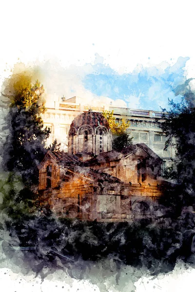 Desenho aquarela da Igreja, Atenas, Grécia. Este lugar é uma atração turística em Atenas. — Fotografia de Stock