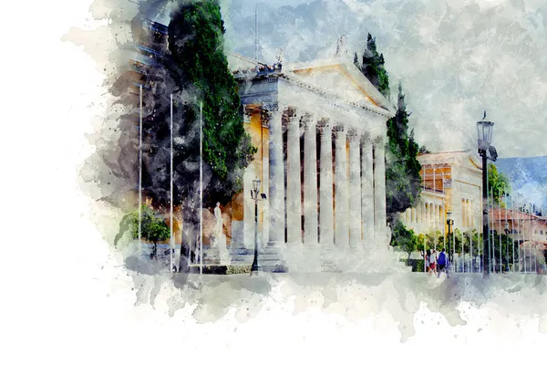 Rysunek akwareli. Budynek pałacu Zappeion w Narodowych Ogrodach Aten. Grecja — Zdjęcie stockowe