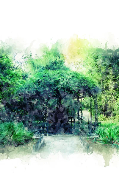 Watercolor drawing, Gazebo covered with plants and flowers in the National Botanical Garden in Athens, Greece — Stock Photo, Image