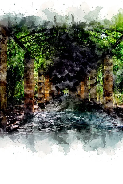 Gambar cat air, gang melengkung, jalan masuk ke Taman Nasional di Athena, Yunani — Stok Foto