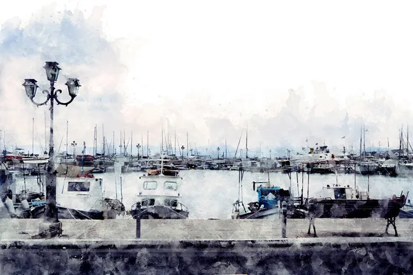 Pintura en acuarela del terraplén en la isla de AEGINA, GRECIA. Bonita vista del puerto y la lámpara de calle. —  Fotos de Stock