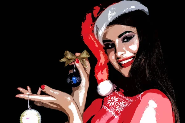 Ilustración Una Hermosa Morena Con Maquillaje Con Sombrero Papá Noel —  Fotos de Stock