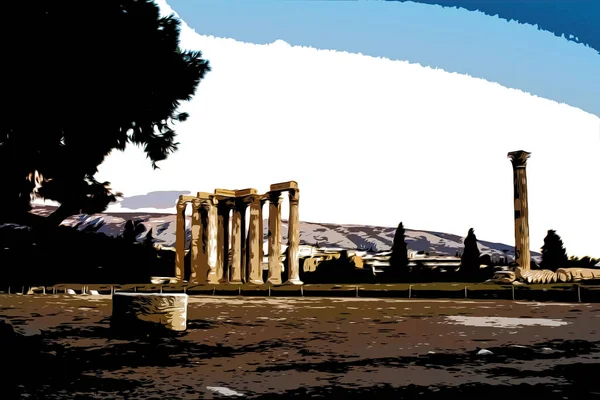 그리스 아테네에 있는 올림피아 제우스 신전의 수도 색 그림. — 스톡 사진