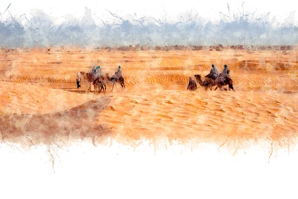 Aquareltekening Sahara Woestijnsahara Woestijn Tunesië Zicht Toeristen Die Kamelen Berijden — Stockfoto