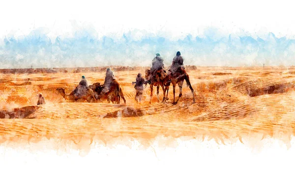 Disegno Acquerello Sahara Desertosahara Deserto Tunisia Veduta Dei Turisti Che — Foto Stock