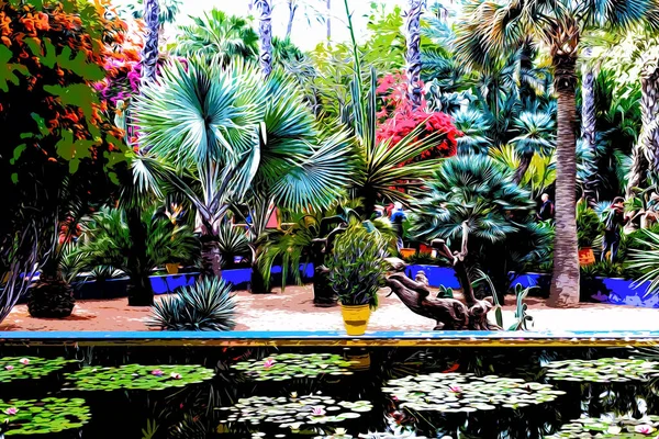 Ilustracja Niesamowity Tropikalny Ogród Botaniczny Różnymi Rodzajami Roślin Palm Kaktusów — Zdjęcie stockowe