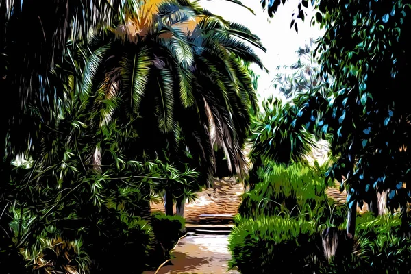 Illusztráció Csodálatos Trópusi Kert Szökőkúttal Különböző Pálmafákkal Marrakech Marokkó — Stock Fotó