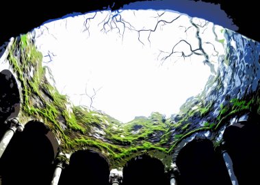 İllüzyon. Quinta da Regaleira parkındaki kabul töreni. Sintra, Portekiz. İç görünüm.