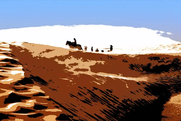Illustration. Berber rider en häst i Saharaöknen under en stark vind, sandstorm. — Stockfoto