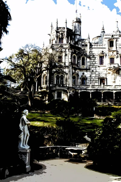 Ilustración. El punto de referencia de Portugal es la misteriosa Quinta da Regaleira Palace en Sintra. — Foto de Stock