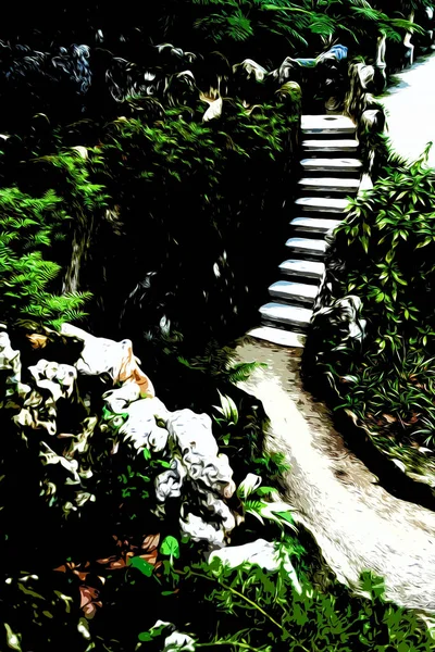 Ilustracja. Widok na kamienne schody w parku Quinta da Regaleira, Sintra, Portugalia — Zdjęcie stockowe