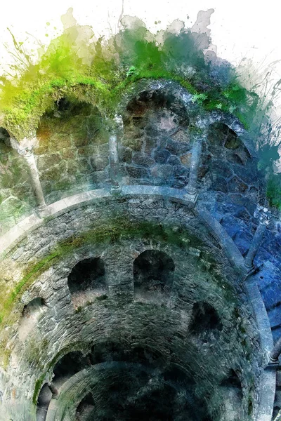 Uma bela imagem da parede de uma torre com janelas e escadas de dentro. — Fotografia de Stock