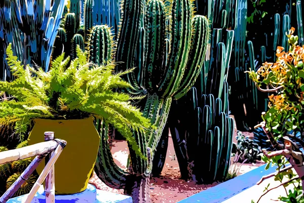Illustration. Incroyable jardin botanique tropical avec différents types de plantes, palmiers et cactus Le Jardin Majorelle. — Photo