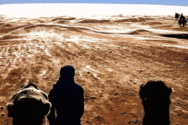 Illustration. Berber står med ryggen mot en kamel och tittar in i Saharaöknen — Stockfoto