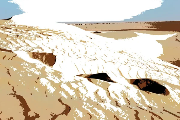İllüzyon. Kurak çölün arka planına karşı gökyüzünün altında güçlü bir rüzgarda yalnız kum tepeleri. — Stok fotoğraf
