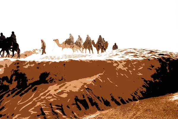 Illustrazione. Veduta dei turisti che cavalcano cammelli nel deserto del Sahara durante i forti venti — Foto Stock