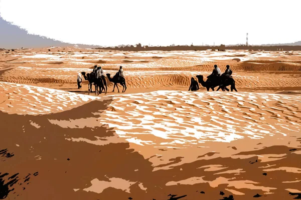 Ilustración. Vista de los turistas que montan camellos en el desierto del Sahara durante los fuertes vientos — Foto de Stock