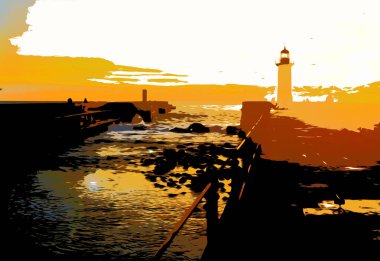 İllüzyon. Felgueiras Deniz feneri Atlantik Okyanusu kıyısında Porto, Portekiz 'de gün batımında