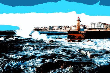 İllüzyon. Atlantik Okyanusu 'nun dalgaları gün batımında deniz fenerinin yanındaki kayalara çarpar.