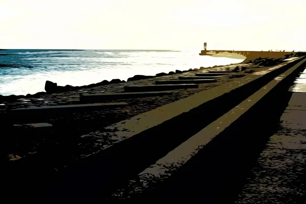 Ilustração. Farol de Felgueiras na costa do oceano Atlântico no Porto, Portugal ao pôr-do-sol — Fotografia de Stock