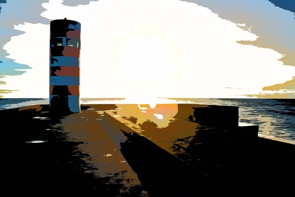 Ilustración. Faro de Felgueiras en la orilla del océano Atlántico en Oporto, Portugal al atardecer —  Fotos de Stock