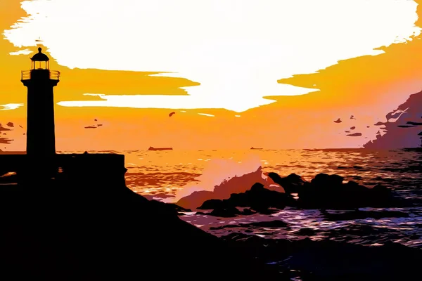 Приклад. Маяк Felgueiras Lighthouse на березі Атлантичного океану в Порто (Португалія) після заходу сонця. — стокове фото