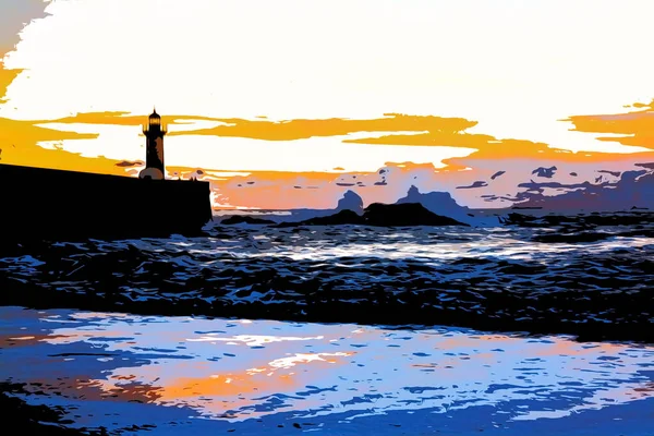Ilustração. Farol de Felgueiras na costa do oceano Atlântico no Porto, Portugal ao pôr-do-sol — Fotografia de Stock