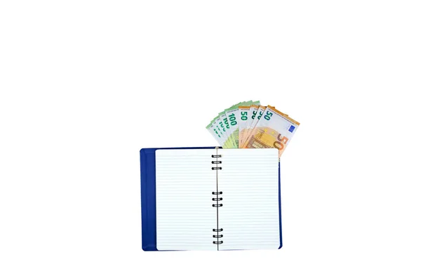 Евро Банкноты Блокнот Изолированы Белом Фоне Вид Сверху Пространство Копирования — стоковое фото