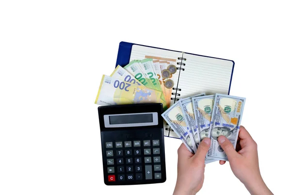 Mãos Com Dinheiro Calculadora Notas Euro Dólares Conceito Contabilístico — Fotografia de Stock