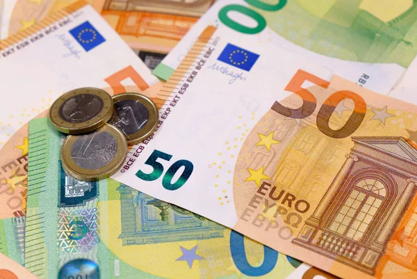 Notas Euro Moedas Euro Conceito Contabilidade Vista Perto — Fotografia de Stock