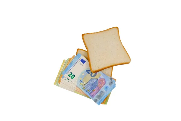 Sandwich Met Geld Geïsoleerd Witte Achtergrond Bedrijfs Voedingsconcepten — Stockfoto