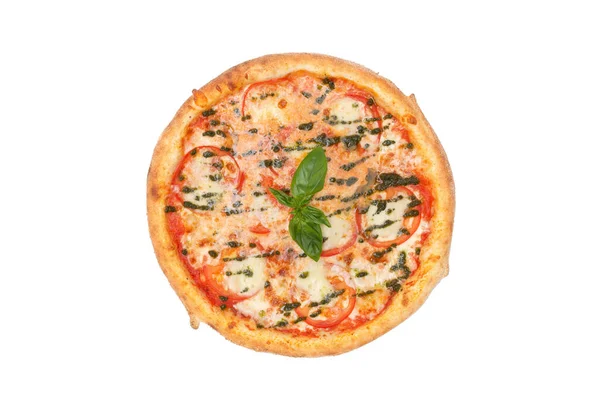 Pizza with mozzarella cheese, tomatoes, pesto sauce and fresh basil isolated over white background. Top view. Copy space