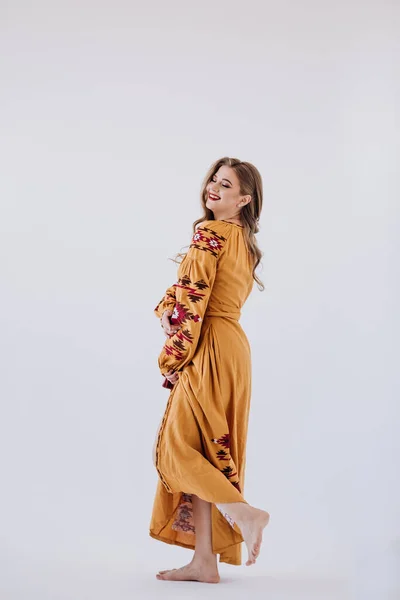 Young Beautiful Smiling Girl Long Embroider Dress Traditional Ukrainian Wear — Stock Photo, Image