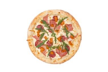 Pizza with mozzarella cheese, salami, chicken, bacon and fresh arugula salad isolated over white background. Top view. Copy space