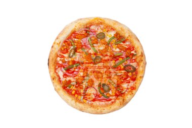 Pizza with tomato sauce, mozzarella cheese, red onion, green beans, pepper, corn, and chicken isolated over white background. Top view. Copy space