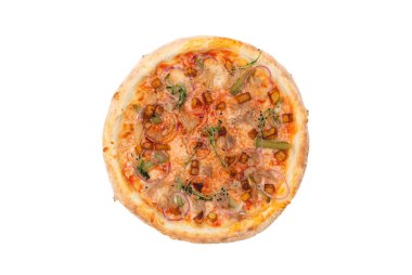 Pizza with tomato sauce, mozzarella cheese, red onion, pork, fresh pea sprouts, pickled cucumber, and french fries isolated over white background. Top view. Copy space