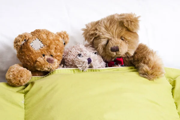 Teddybär auf dem Bett im Zimmer — Stockfoto