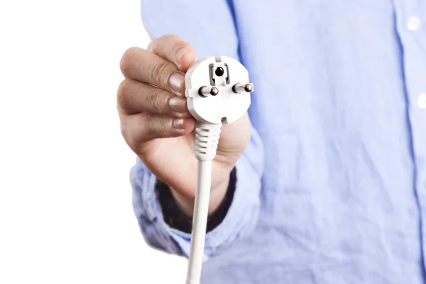 Affärsman hålla nätsladden med plug — Stockfoto