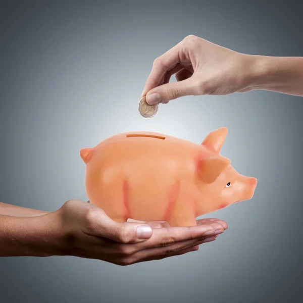 Hands saving money in piggy bank pig Royalty Free Stock Photos