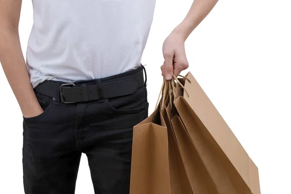 Nahaufnahme Von Shopper Hand Mit Einkaufstaschen — Stockfoto