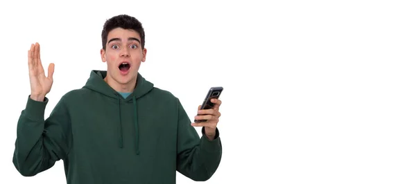 Ізольований Хлопчик Підліток Мобільним Телефоном Виразом Сюрпризу — стокове фото