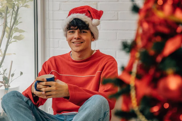 Adolescente Casa Com Árvore Natal Copo — Fotografia de Stock