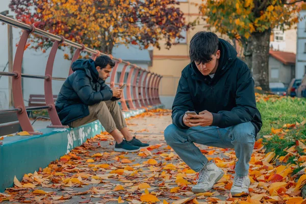 Jovens Outono Com Telefone Celular Cidade — Fotografia de Stock
