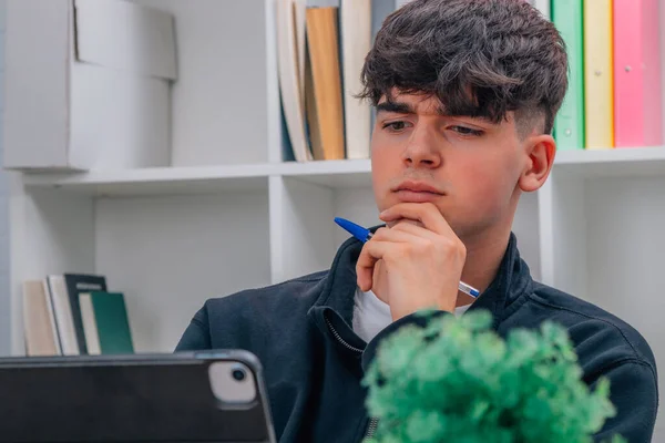 Pensive Teenage Student Laptop Studying — Stock Photo, Image