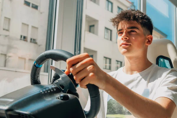 Jogador Com Volante Jogar Jogos Vídeo — Fotografia de Stock